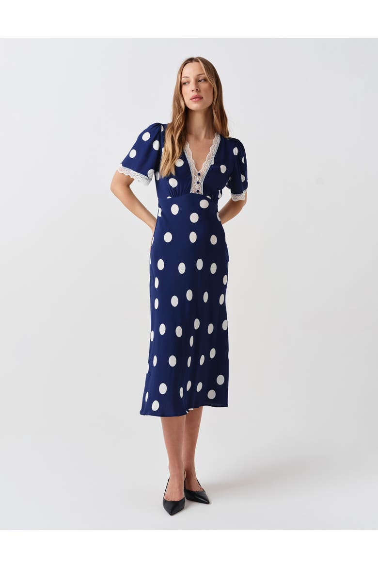 Belle Lace Crepe Midi Dress, Alternate, color, Navy Spot
