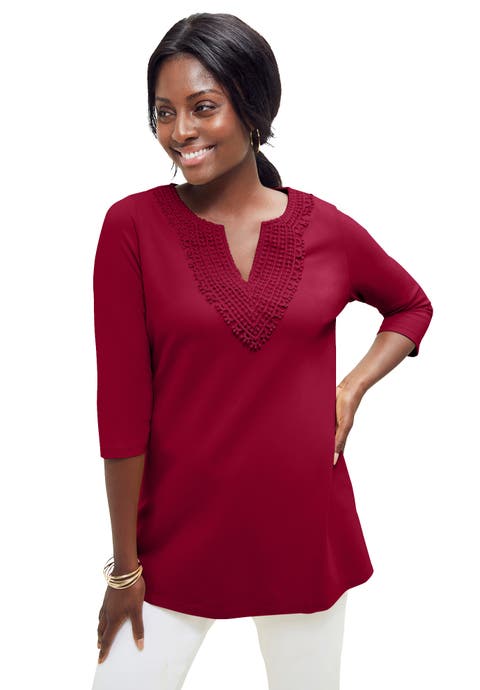 Stretch Cotton Crochet Notch Neck Tunic (Plus)