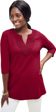 Jessica London Stretch Cotton Crochet Notch Neck Tunic