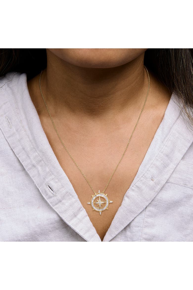 14K Yellow Gold Plated Sterling Silver 1.0 Cttw Diamond Compass Pendant Necklace, Alternate, color, Yellow Gold over Silver