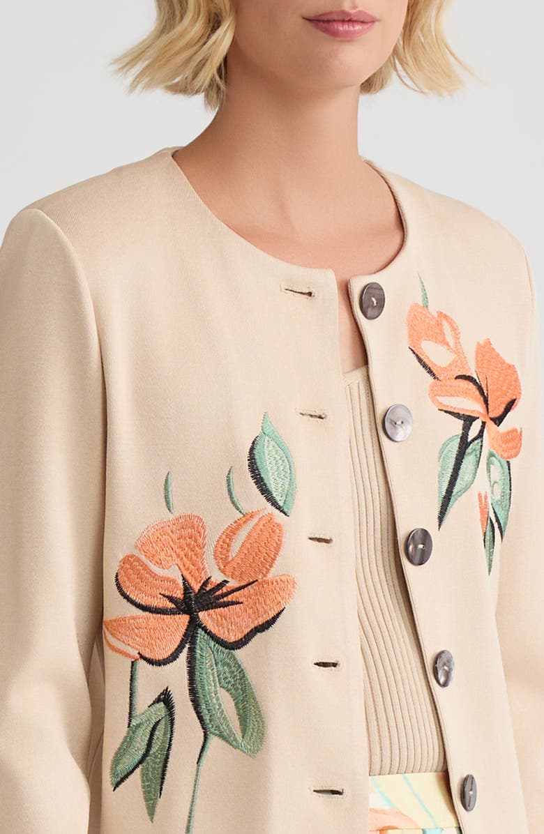Misook Heritage Floral Embroidered Flat Knit Cardigan, Alternate, color, Biscotti/Mystic Green