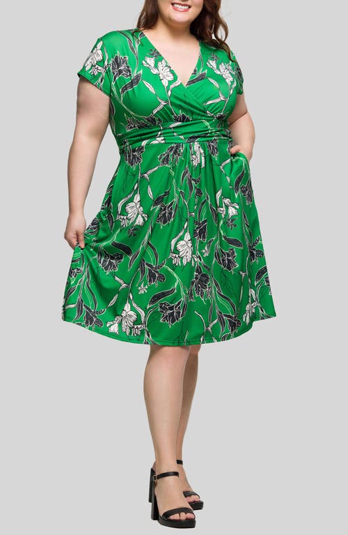 24seven Comfort Apparel Plus Size Cap Sleeve V-neck Knee Length Pocket Dress In Green Multi