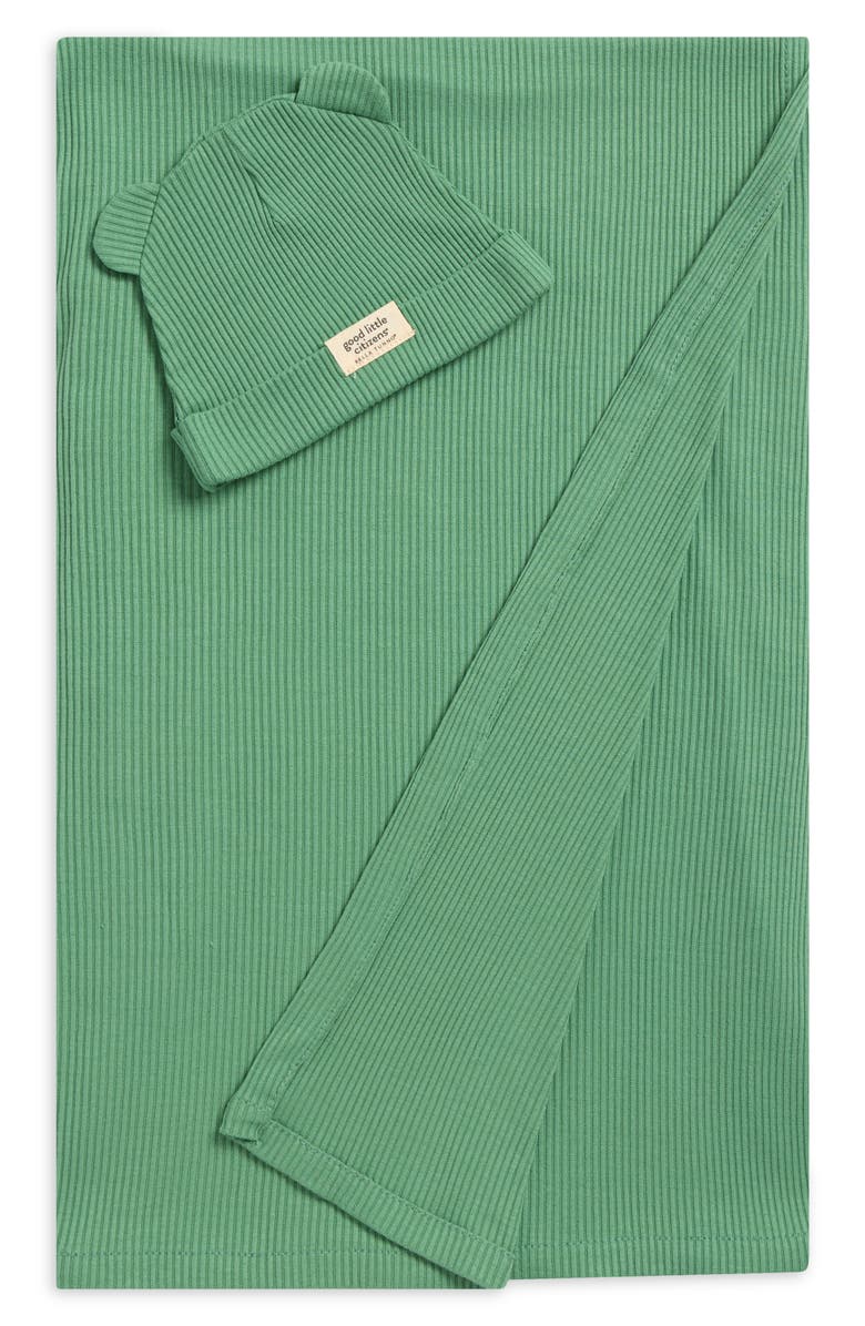 Bella Tunno Rib Swaddle Blanket & Hat Set, Main, color, Green