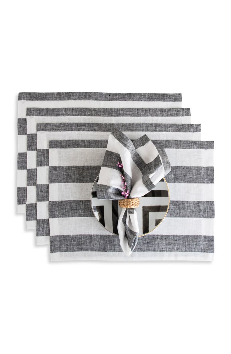 Solino Home Linen Placemats - Cabana Stripe, 14" x 19", Main, color, Black And White