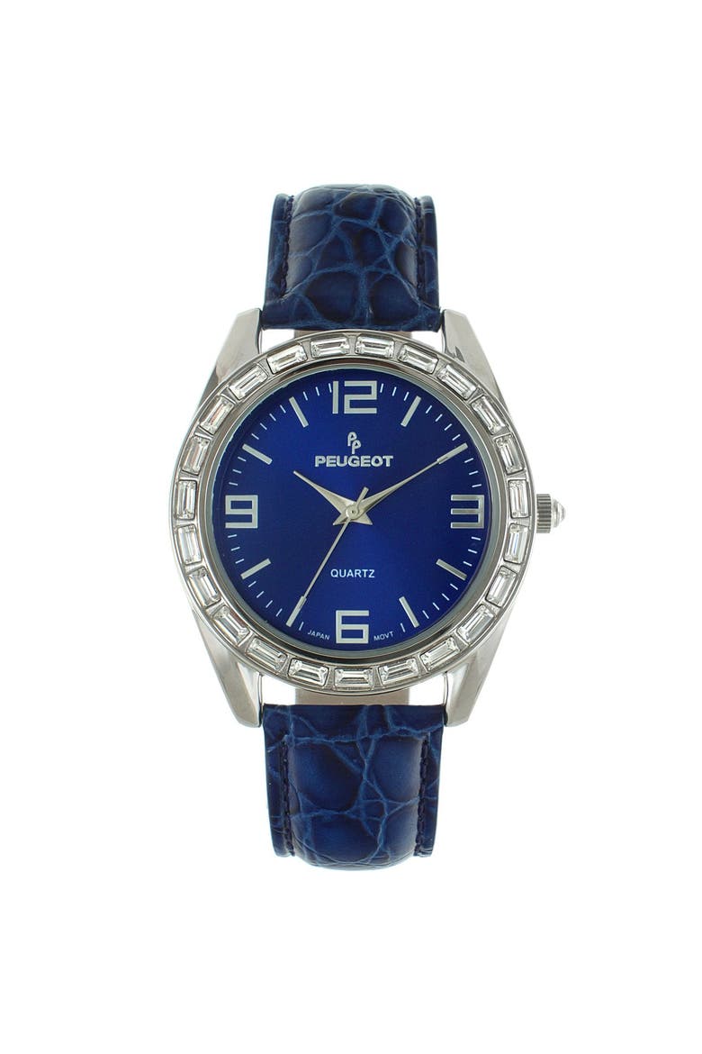 Round Boyfriend Baguette Crystal Leather Watch- 40MM, Main, color, Blue