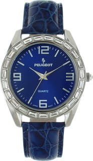 Peugeot Round Boyfriend Baguette Crystal Leather Watch- 40MM