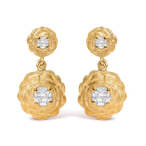 14K Yellow Gold Plated Sterling Silver 1/2 Cttw Lab Grown Diamond Rose Motif Drop Earrings