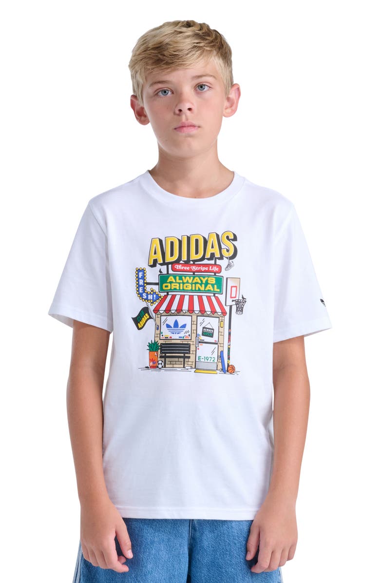 adidas Originals Kids' Shoe Shop Graphic T-Shirt, Main, color, White