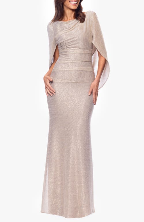 Betsy & Adam Long Metallic Crinkle Drape Back Dress In Gold/silver