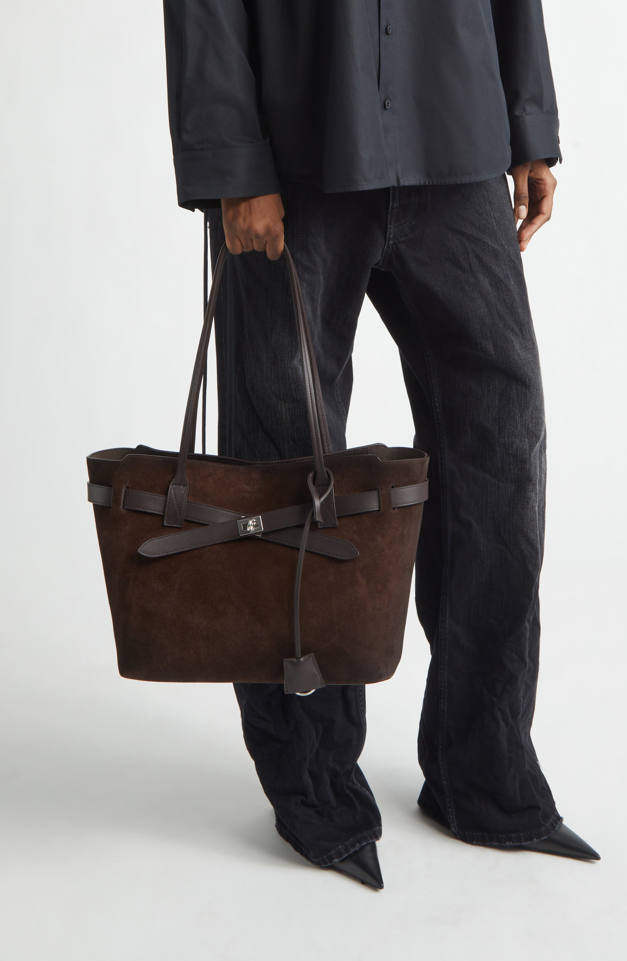 Balenciaga Medium Waxed Suede Tote, Alternate, color, 2308 Light Espresso