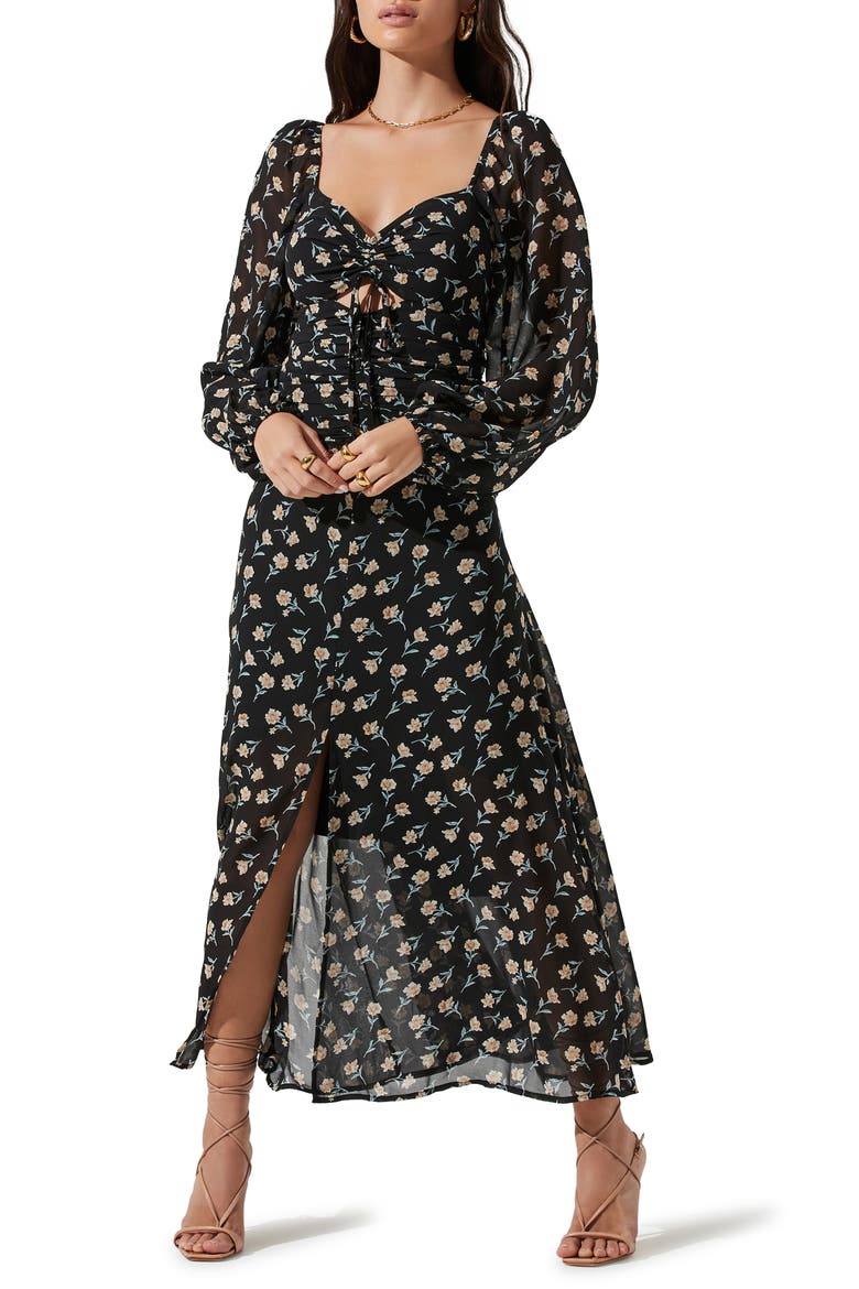 the Label Sweetheart Neck Long Sleeve Midi Dress, Main, color, BLACK IVORY FLORAL