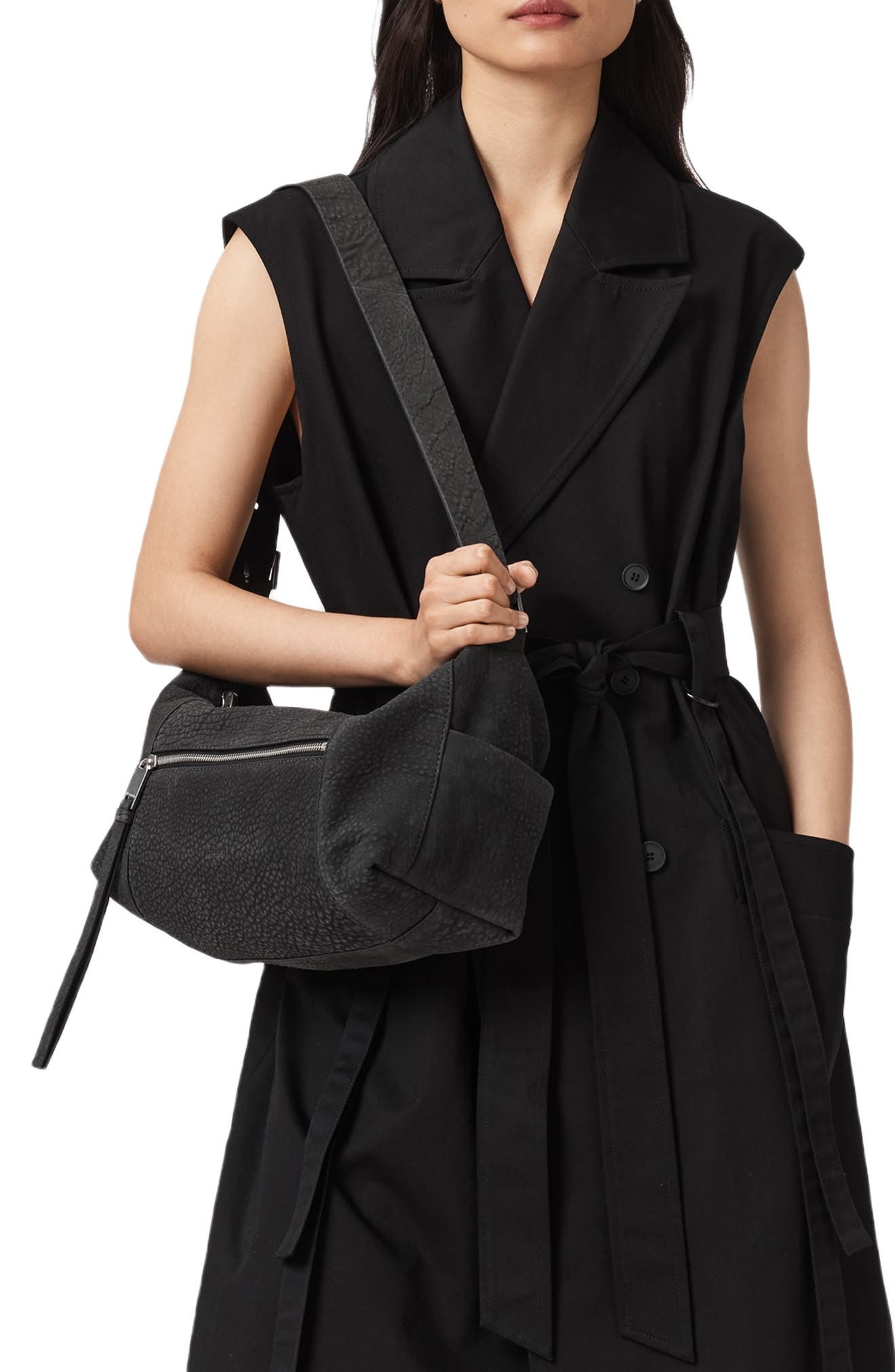 AllSaints Vega G Lambskin Leather Shoulder Bag, Alternate, color, Meteorite Grey