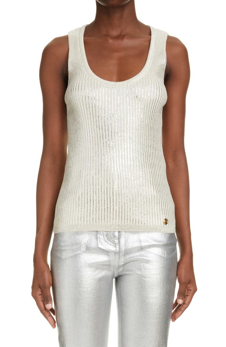 Balmain Metallic Coated Rib Virgin Wool Blend Tank, Main, color, 