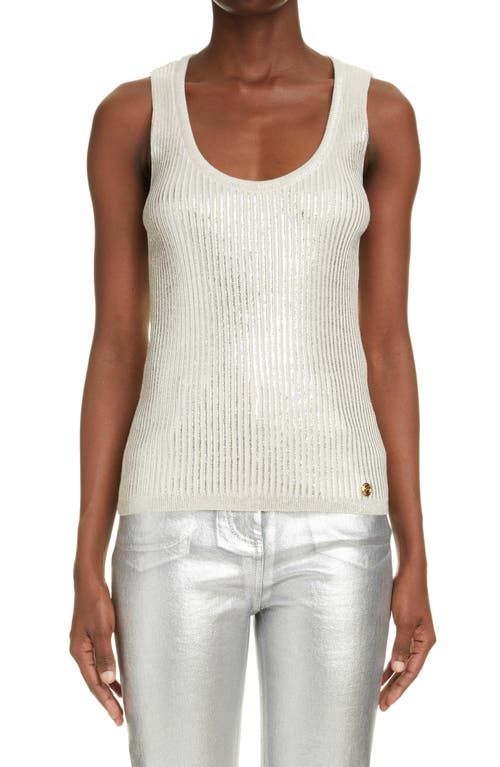Balmain Metallic Coated Rib Virgin Wool Blend Tank In White
