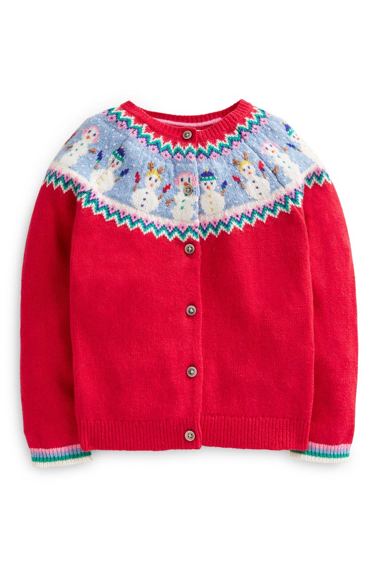 Kids' Snowmen Fair Isle Cardigan Sweater, Main, color, ROCKABILLY RED SNOWMEN
