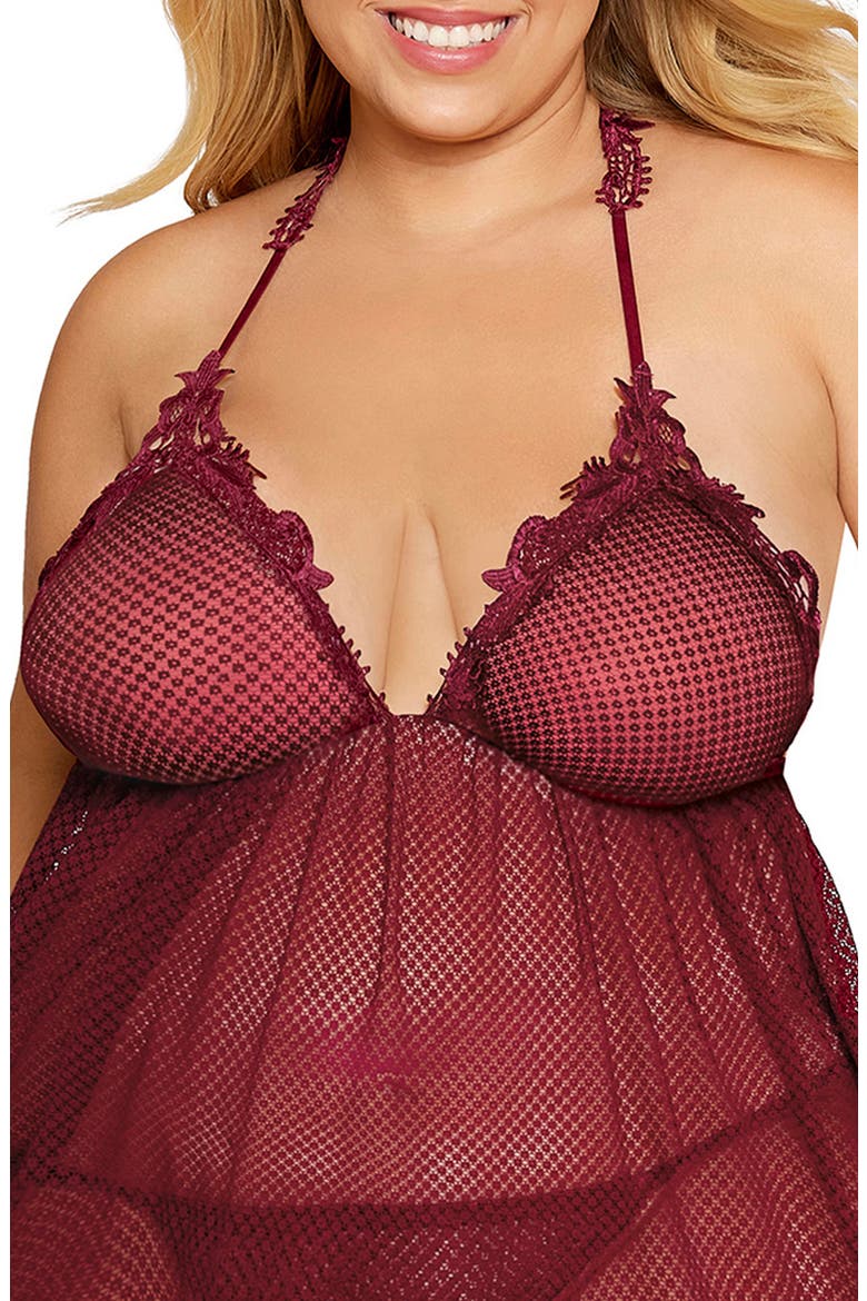 Lace Trim Mesh Babydoll Chemise & G-String Thong, Alternate, color, BURGUNDY