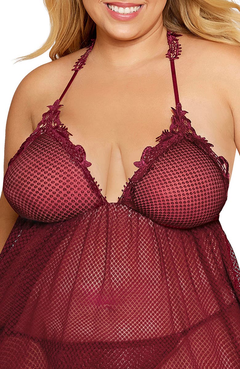 Dreamgirl Lace Trim Mesh Babydoll Chemise & G-String Thong, Alternate, color, Burgundy