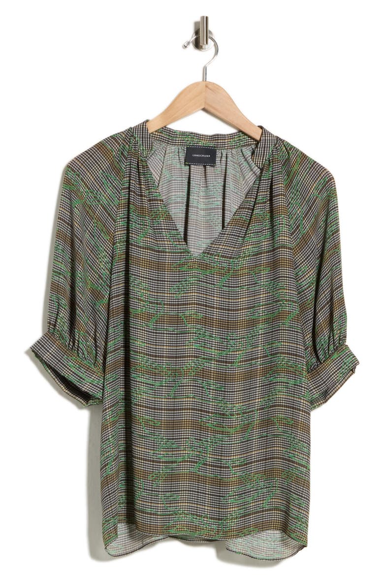 V-Neck Top with Banded Cuffs, Main, color, GREY/ GREEN