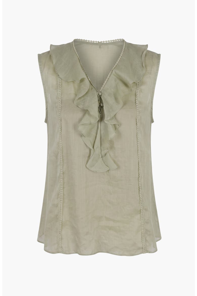 Sleeveless Ruffle Front Blouse with Lace Inset Trim and V Neckline, Main, color, Green