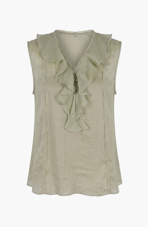 Sleeveless Ruffle Front Blouse with Lace Inset Trim and V Neckline