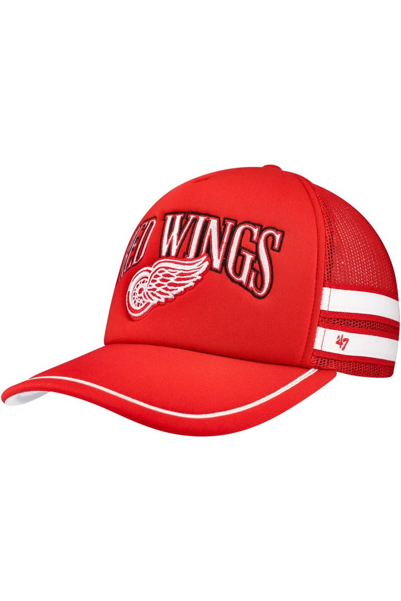 Men's '47 Red Detroit Red Wings Sideband Stripes Trucker Snapback Hat, Main, color, Red