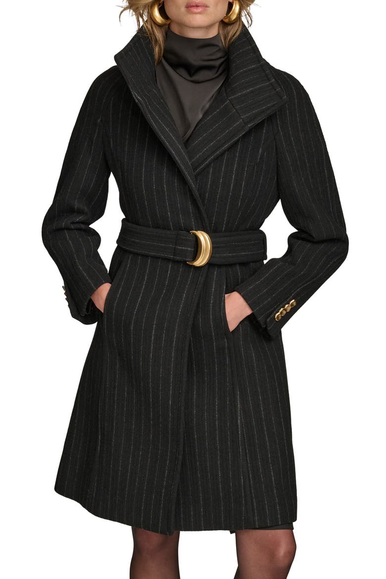 Belted Wool Wrap Coat, Main, color, BLACK PINSTRIPE