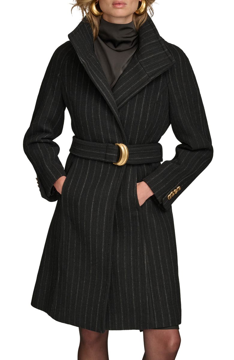 Donna Karan New York Belted Wool Wrap Coat, Main, color, Black Pinstripe