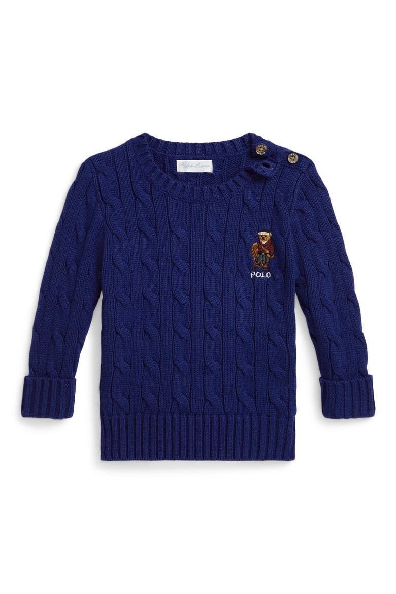 Polo Bear Embroidered Cable Knit Cotton Sweater, Main, color, BLUE