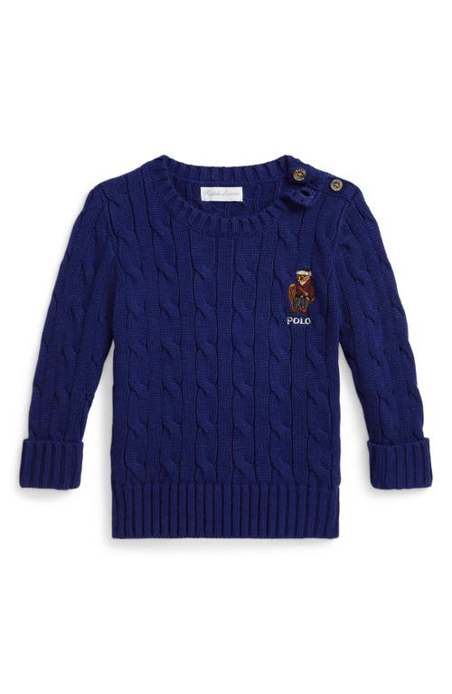 Ralph Lauren Polo Bear Embroidered Cable Knit Cotton Sweater In Blue