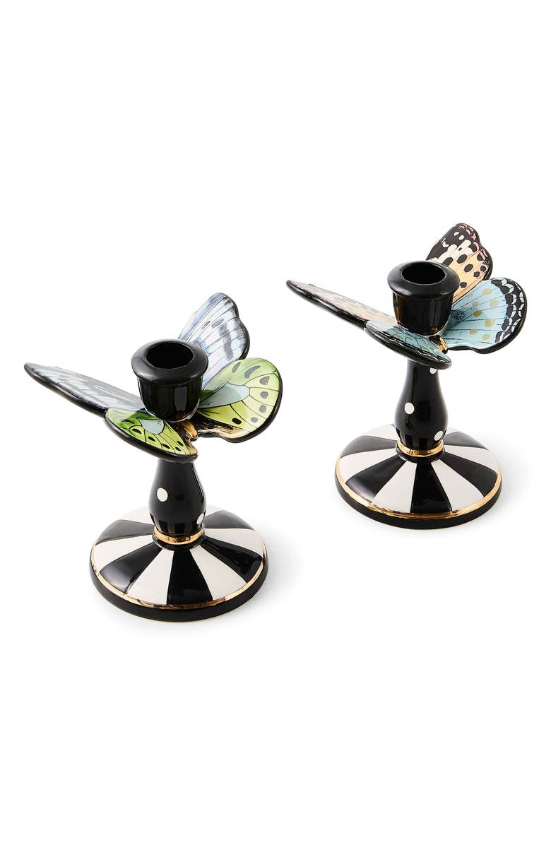 MACKENZIE CHILDS Butterfly Toile Set of 2 Candleholders, Main, color, Black