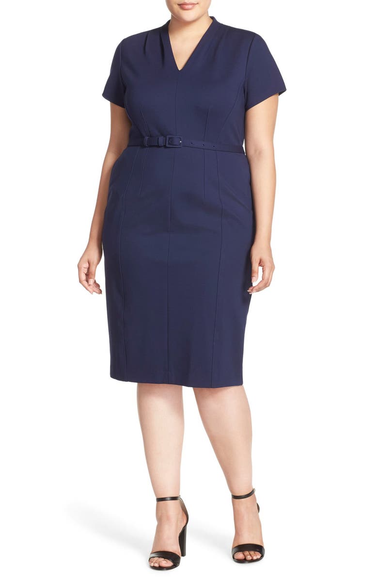 Sejour Belted Ponte V-Neck Sheath Dress, Main, color, 