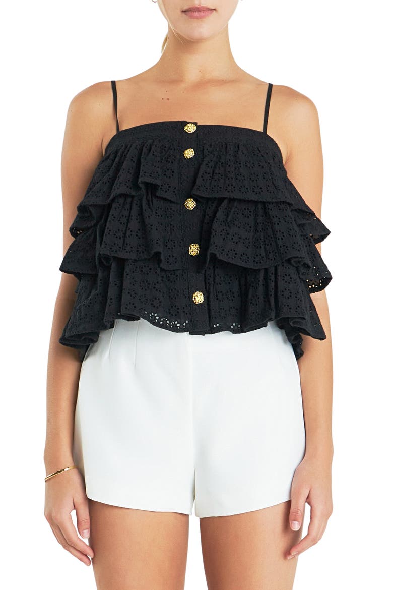 Tiered Broderie Lace Button Front Camisole, Main, color, BLACK