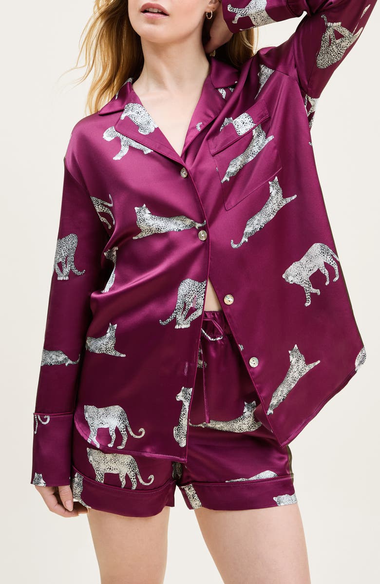 Petite Plume Panthre de Nuit Piped Silk Satin Short Pajamas, Alternate, color, Red