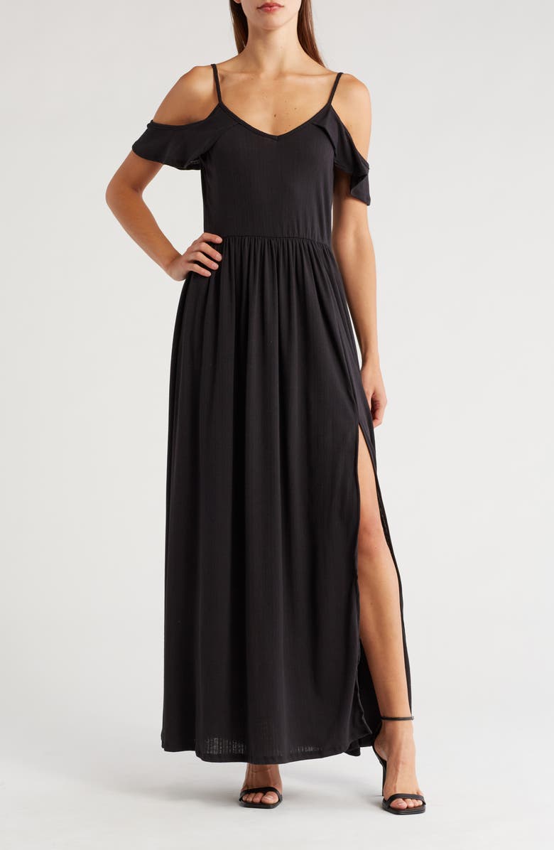 GO COUTURE Ruffle Cold Shoulder Maxi Dress, Main, color, Black1