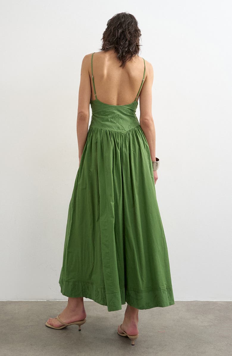 Topshop Embroidered Open Back Cotton Maxi Dress, Alternate, color, Medium Green