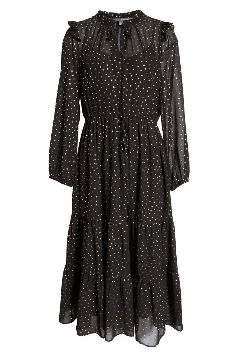 Julie Jordan Drawstring Waist Long Sleeve Midi Dress, Alternate, color, BLACK/ GOLD