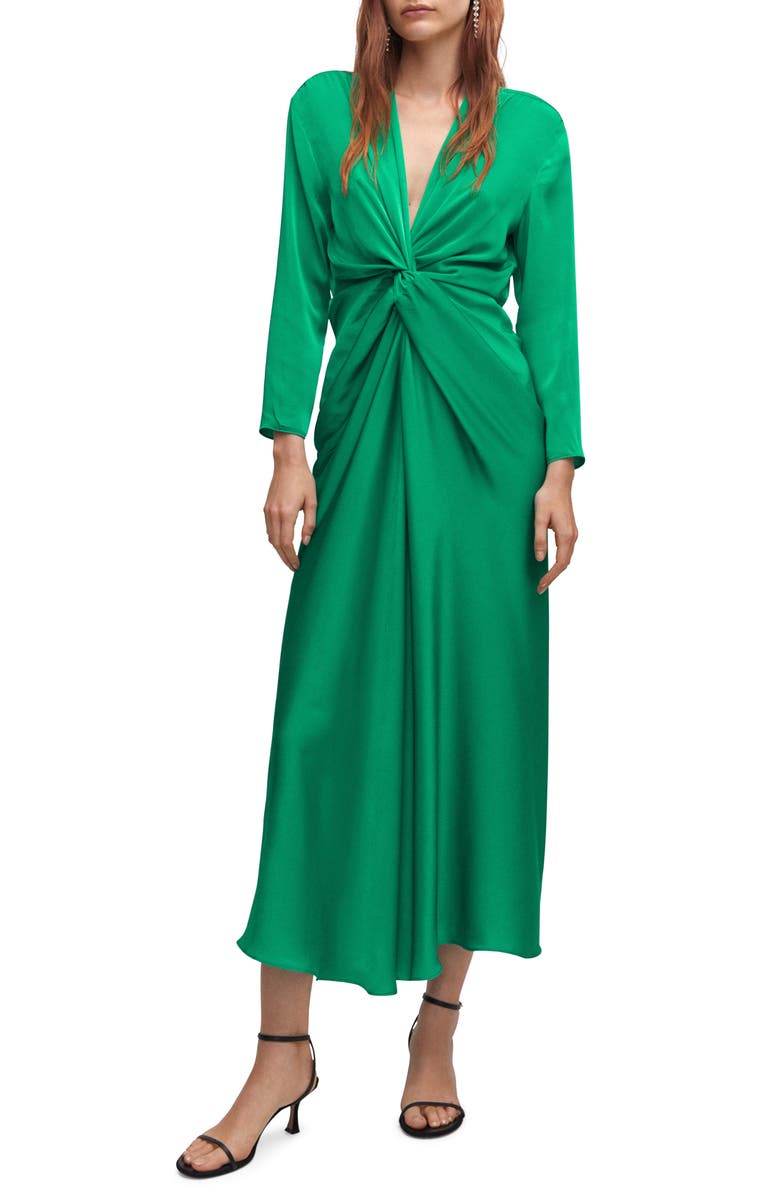MANGO Knot Long Sleeve Satin Dress, Main, color, 