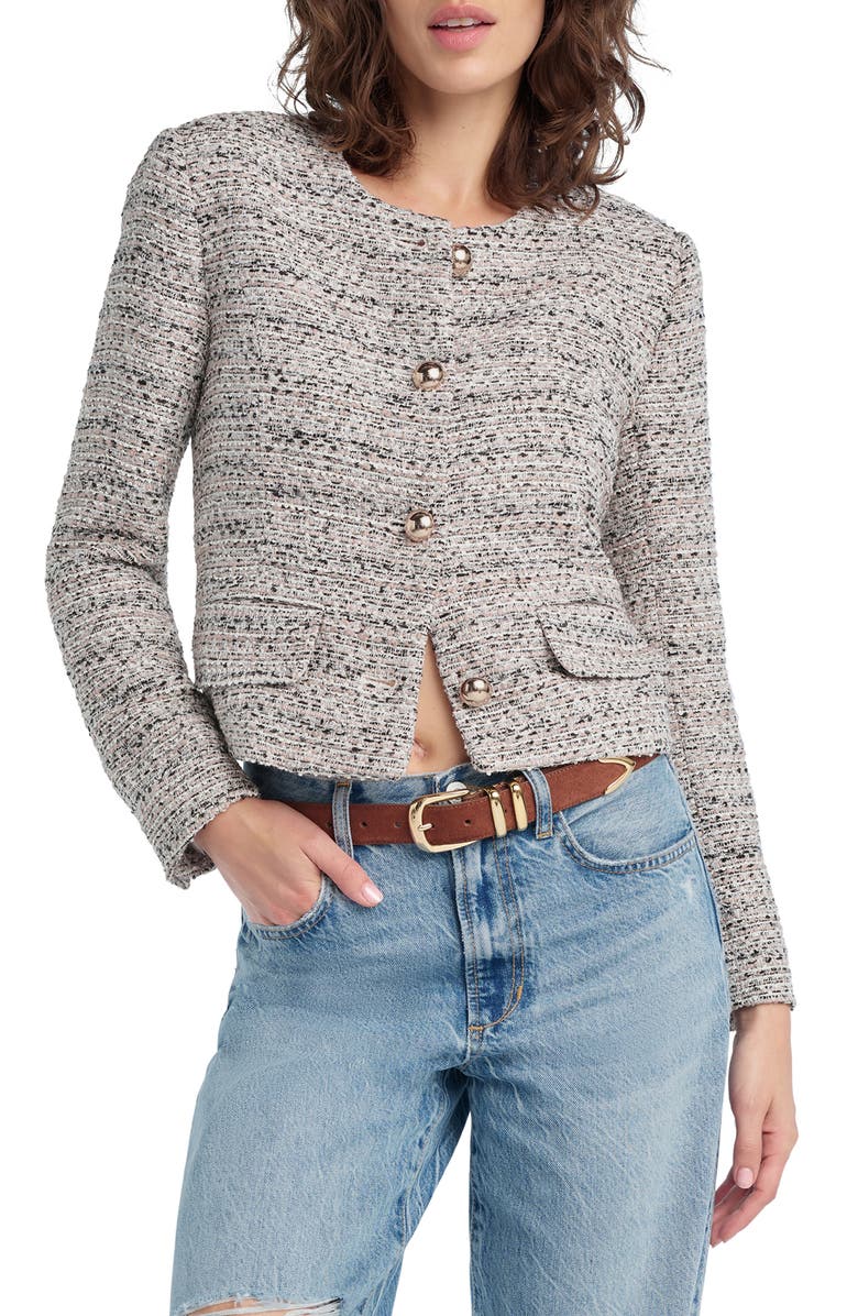 Favorite Daughter Embellished Crop Jacket, Main, color, Pink Tweed