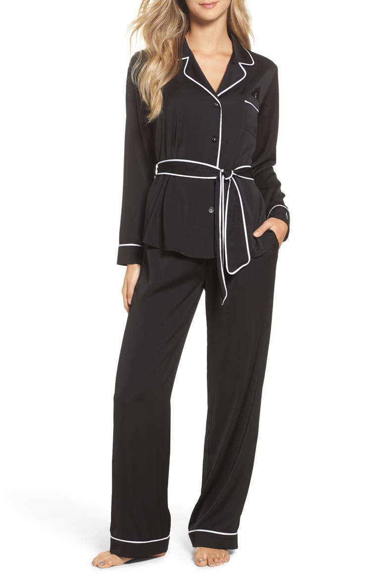 Belted Satin Pajamas (Nordstrom Exclusive), Main, color, BLACK