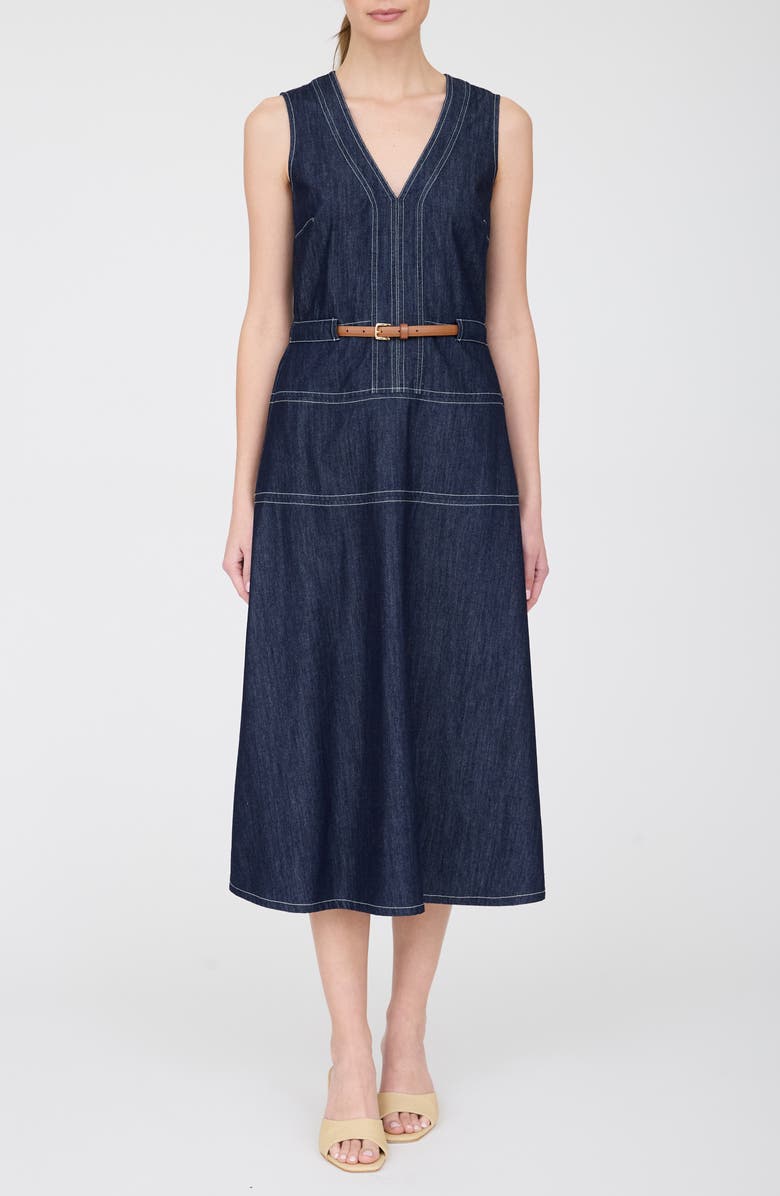 ZOE AND CLAIRE Contrast Stitch Sleeveless Cotton Blend Denim Dress, Main, color, Denim