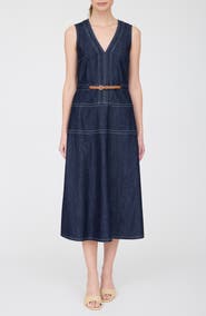 ZOE AND CLAIRE Contrast Stitch Sleeveless Cotton Blend Denim Dress