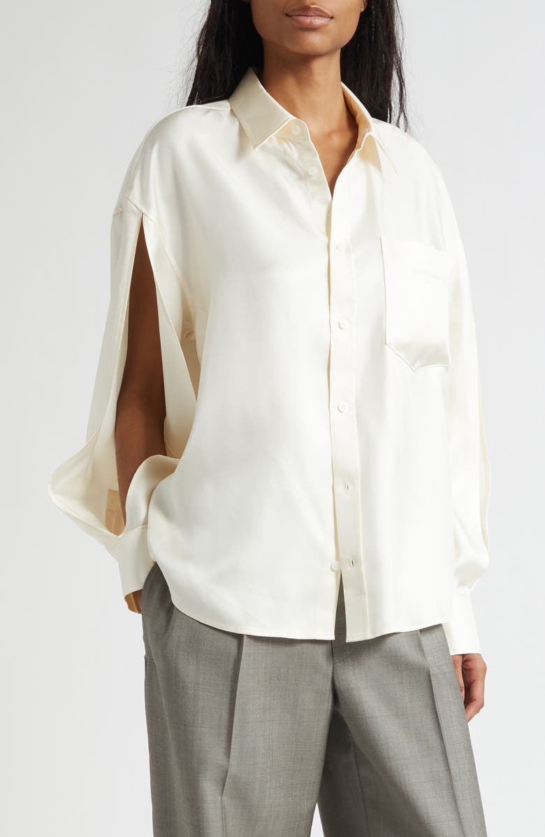 Alexander Wang Slashed Sleeve Satin Button-Up Shirt, Main, color, Ivory