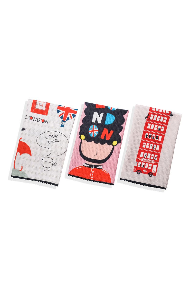 Tiramisu London Calling Set of 3 Kitchen Towels, Main, color, Red/ White/ Blue/ Black