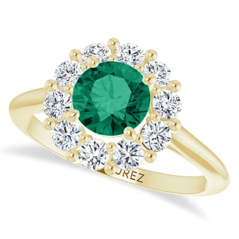 Round Lab Emerald & Diamond Halo Ring 14K 1.28ct