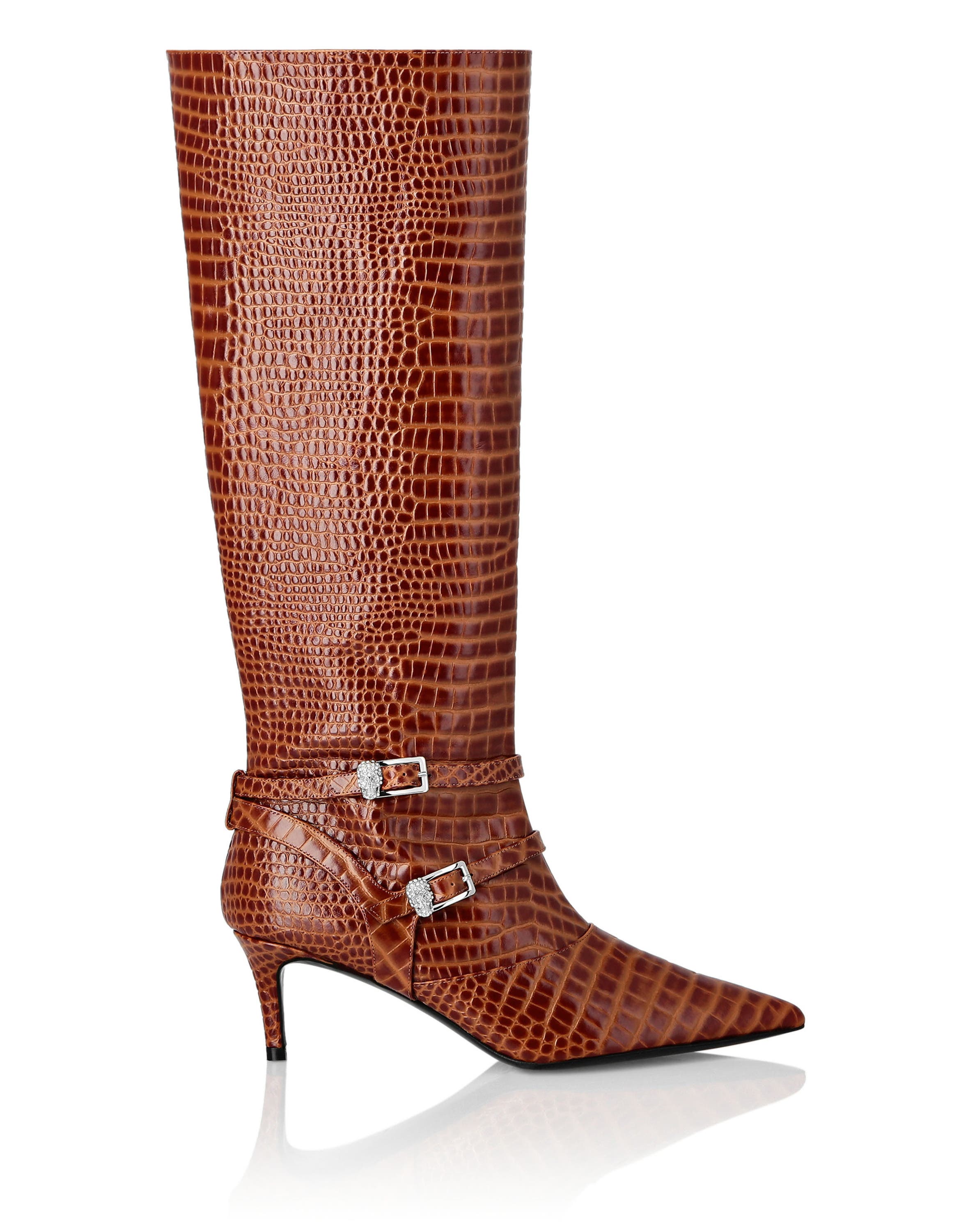 Low-Heel Strapped High Boots Cocco Print Women, Alternate, color, brown