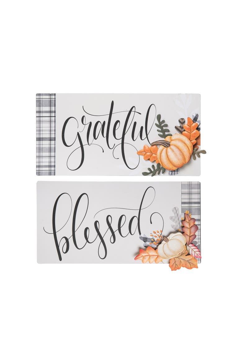 Thanksgiving Harvest "Grateful" and "Blessed" Metal Wall Decor Hanging Signs 14" x 7" Assorted Set of 2 A/2, Main, color, White