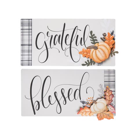 Thanksgiving Harvest "Grateful" and "Blessed" Metal Wall Decor Hanging Signs 14" x 7" Assorted Set of 2 A/2
