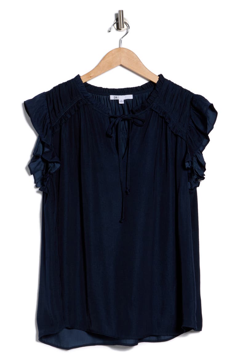 Satin Ruffle Split Neck Top, Alternate, color, INKWELL