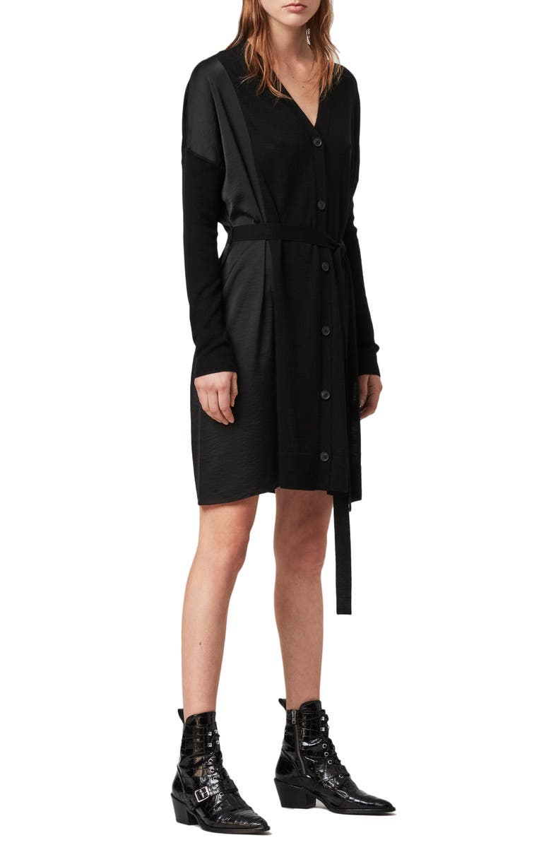 AllSaints Iva Long Sleeve Button-Up Mixed Media Dress, Main, color,