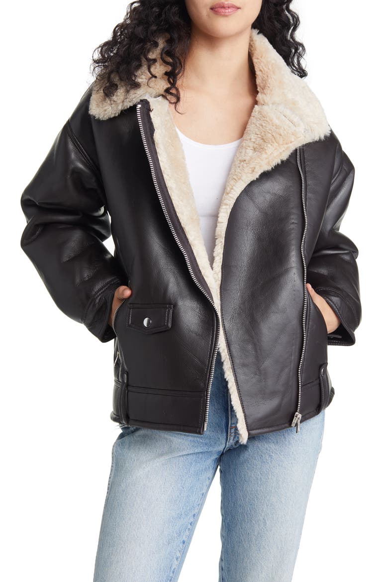 Faux Shearling & Faux Leather Aviator Jacket, Main, color, BROWN